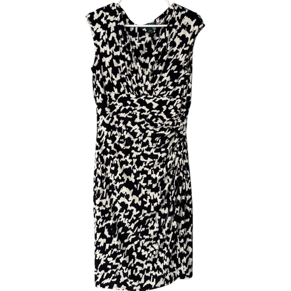 Ralph‎ Lauren Black White Ruched Work Career Midi Dress 10